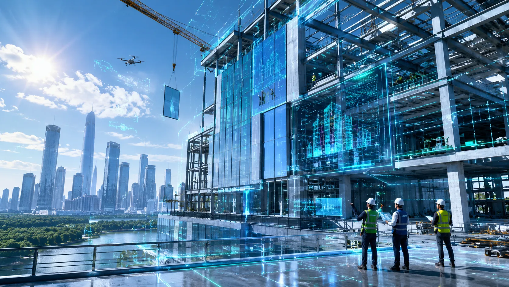 光进科技工程板块——城市地标建造现场，土建结构与幕墙立面施工